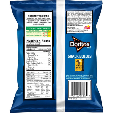 Doritos Whole Grain Cool Ranch Tortilla Chips, 1 Ounce -- 72 per case.